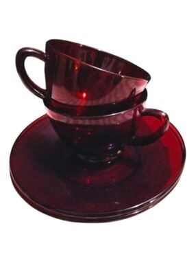 Vintage Ruby Red Glass Cups Saucers Set Cafe Tea Coffee Anchor Hocking Cafecore